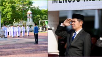 Plt Sekda Aceh M. Nasir Syamaun memimpin upacara Hari Lahir Pancasila di halaman Kantor Gubernur Aceh, Ahad pagi (1/6/2025).