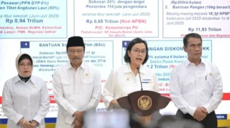 Sri Mulyani Indrawati Menkeu (kedua dari kanan) mengumumkan rencana pemberlakuan lima paket stimulus pemerintah untuk masyarakat, Senin (2/6/2025), di Kantor Presiden, Jakarta. Foto: Biro Pers Setpres
