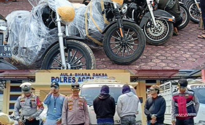 Motor gede (Moge) merek Harley Davidson dan satwa langka, yang diduga barang bukti hasil penyelundupan dari Thailand diamankan di Polres Aceh Timur, Ahad (15/6). (Foto: Ist)