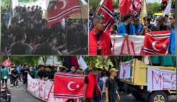 Aksi unjuk rasa digelar oleh massa yang menamakan diri Gerakan Aceh Melawan (GAM) membawa bebdera bintang bulan di halaman Kantor Gubernur Aceh, Senin (16/6/2025). (Foto: Ist)
