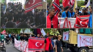 Aksi unjuk rasa digelar oleh massa yang menamakan diri Gerakan Aceh Melawan (GAM) membawa bebdera bintang bulan di halaman Kantor Gubernur Aceh, Senin (16/6/2025). (Foto: Ist)