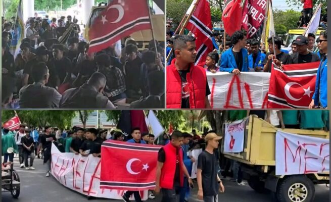 Aksi unjuk rasa digelar oleh massa yang menamakan diri Gerakan Aceh Melawan (GAM) membawa bebdera bintang bulan di halaman Kantor Gubernur Aceh, Senin (16/6/2025). (Foto: Ist)