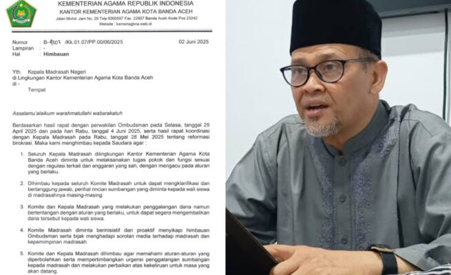 Kakan Kemenag Kota Banda Aceh Salman Arifin mengeluarkan imbauan tegas kepada kepala madrasah untuk segera mengembalikan dana komite sumbangan dari wali murid yang dihimpun tanpa dasar aturan jelas. (Foto: Ist)