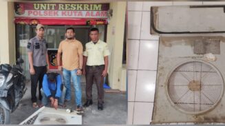 Pelaku diamankan bersama barang bukti di Mapolsek Kuta Alam, Banda Aceh, Selasa, 17 Juni 2025. (Foto: Dok. Polsek Kuta Alam)