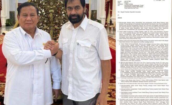 Gubernur Aceh Muzakir Manaf atau Mualem menyurati Presiden Prabowo Subianto untuk memohon penyelesaian status tanah wakaf Blang Padang Banda Aceh yang telah lama dikuasai TNI. (Foto: Ist)
