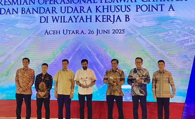 Pemerintah Aceh melalui kerja sama PT PEMA, PT PGE dan BPMA meresmikan kembali pengoperasian Bandara Khusus Point A di Kecamatan Nibong, Aceh Utara, pada Kamis (26/6). (Foto: Ist)