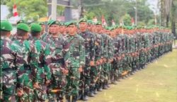 Penyambutan 423 prajurit TNI baru Batalyon Teritorial Pembangunan (Yon-TP) 853/Bawar Reje Bur di Kabupaten Aceh Timur, Rabu (16/7). (Foto: Ist)