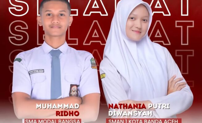 Dua pelajar terbaik Aceh, Muhammad Ridho (Siswa SMA Negeri Modal Bangsa Aceh) dan Nathania Putri Diwansyah (Siswi SMA Negeri 1 Banda Aceh) terpilih sebagai Pasukan Pengibar Bendera Pusaka (Paskibraka) Nasional 2025. (Foto: Ist)