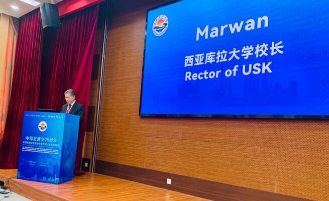 Rektor USK Prof Dr Ir Marwan berbicara di Marine Symposium and Exhibition yang digelar di Shanghai, Tiongkok, pada 1-3 Juli 2025. (Foto: Ist)
