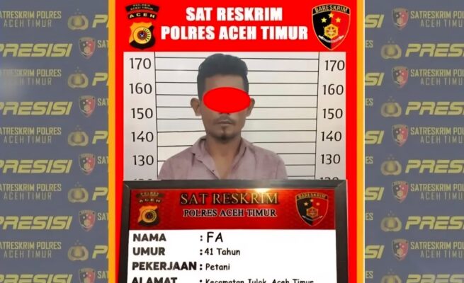 Seorang pria berinisial FA (41), warga Kecamatan Julok, Aceh Timur, ditangkap Satreskrim Polres Aceh Timur karena mencabuli anak kandungnya. (Foto: Ist)