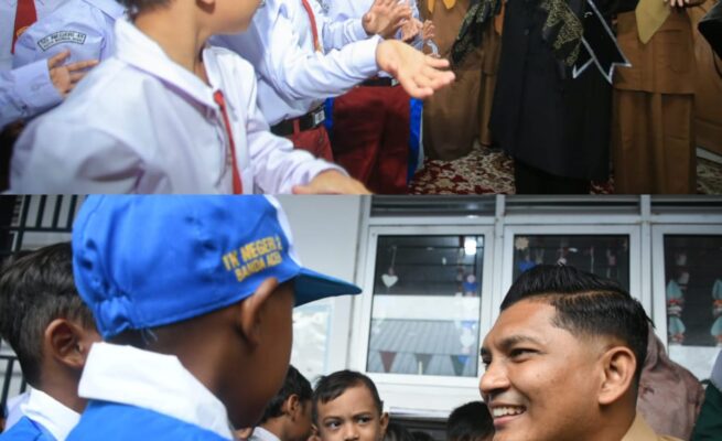 Wali Kota Banda Aceh Illiza Sa’aduddin Djamal bersama Wakil Wali Kota Afdhal Khalilullah memantau kegiatan hari pertama masuk sekolah tahun ajaran 2025/2026, Senin (14/7/2025). (Foto: Ist)