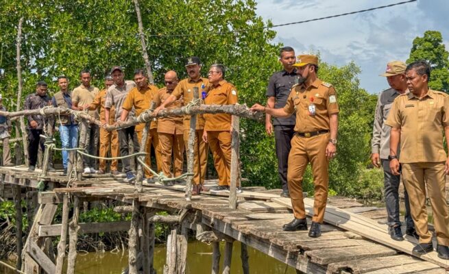 Bupati Aceh Timur Iskandar Usman Al-Farlaky meninjau dua jembatan rusak yang menjadi akses vital masyarakat di Gampong Seunebok Aceh menuju Bale Buya, serta jembatan di kawasan Seneubok Peusangan - Dama Tutong. (Foto: Ist)